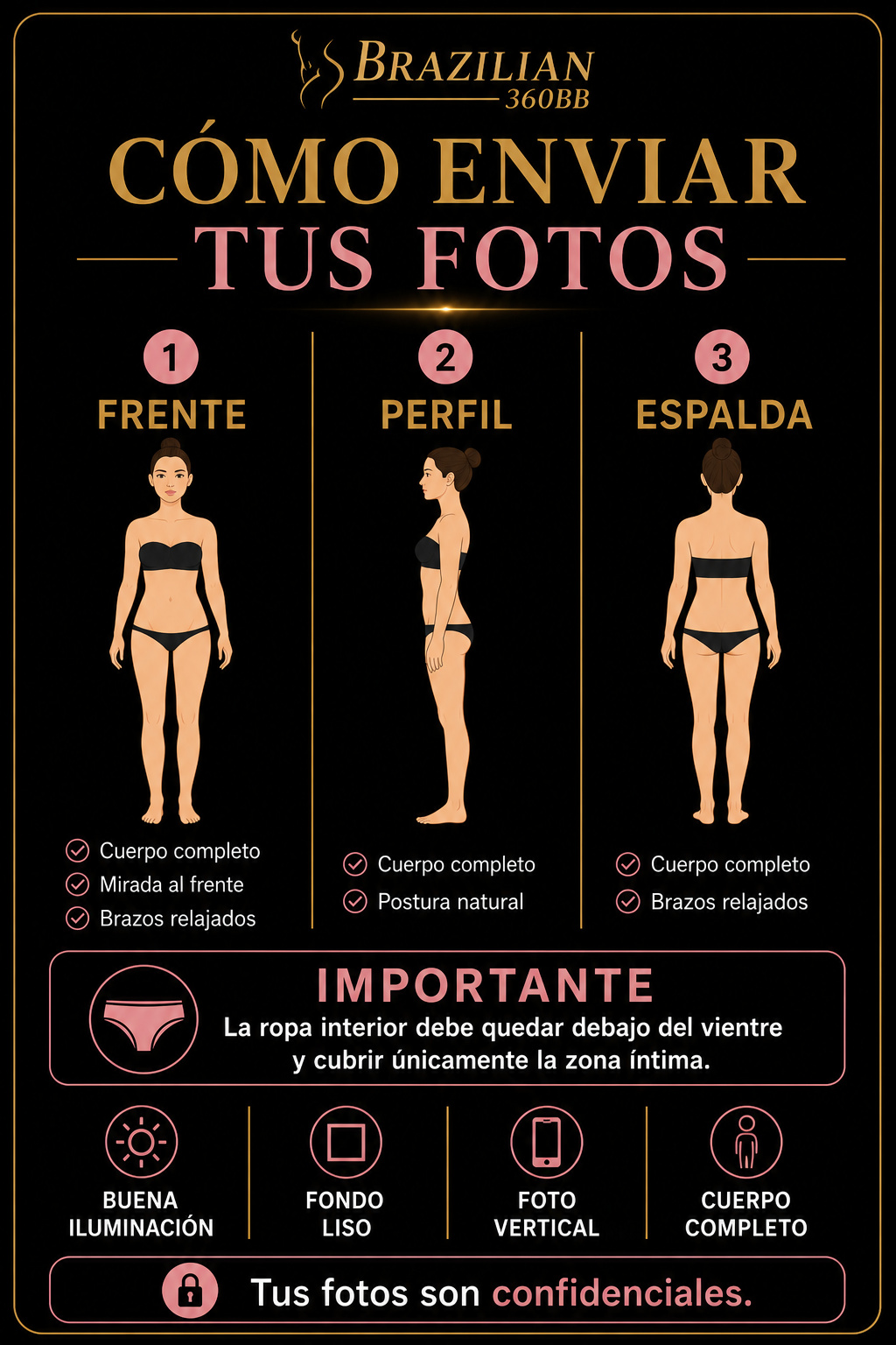 Cómo enviar tus fotos de frente, perfil y espalda para tu prevaloración — Brazilian 360BB