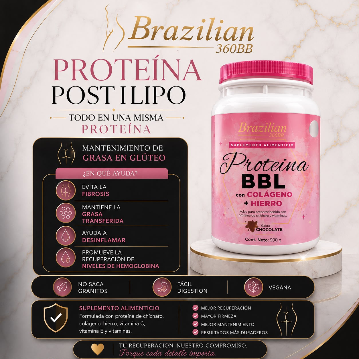 Proteína Post Lipo BBL con colágeno y hierro, sabor chocolate — Brazilian 360BB